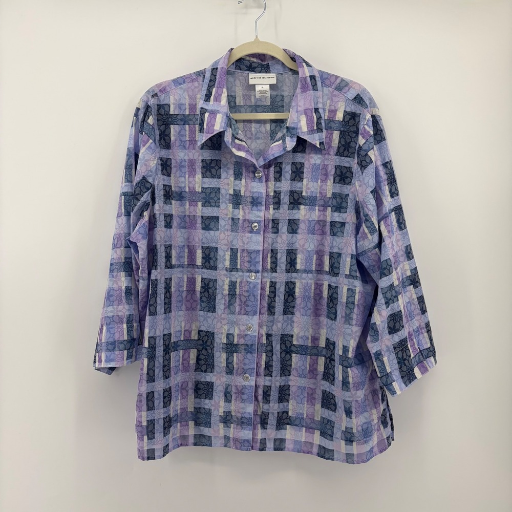 Alfred Dunner Womens XL Purple Button Up Shirt Plaid Floral 3/4 Sleeve